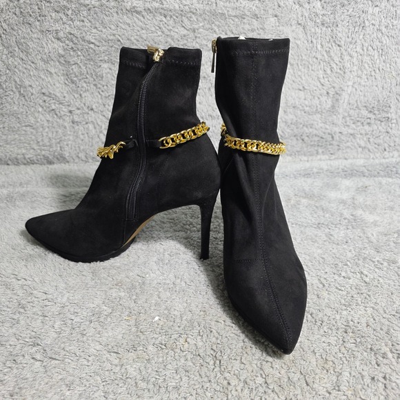 Black Suede-Like Stiletto Ankle Boot ￼Women Jessica Simpson Black Suede Pointed Toe Stiletto Ankle Boots Gold Chain‎ 11 NEW